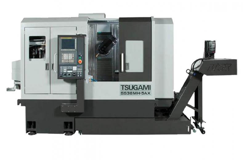 The Tsugami SS38MH-5AX is a 38-mm chucker-convertible, B-axis sliding headstock CNC lathe that performs full five-axis machining.