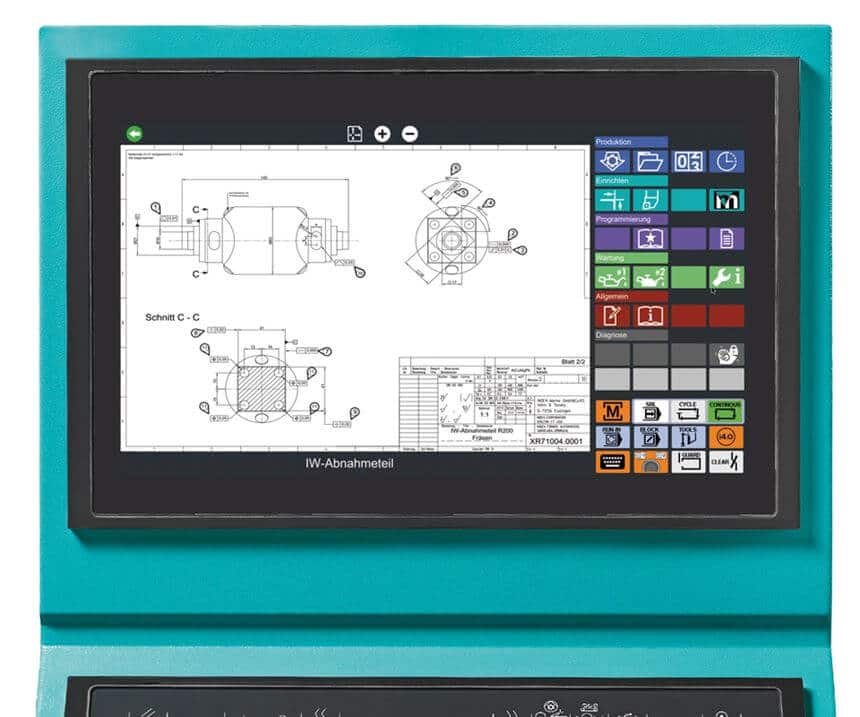 The interface displays useful information such as setup sheets or tooling lists on the machine’s CNC as it operates the machine tool. They are displayed on a second screen page, which the operator can toggle to by pressing one button.